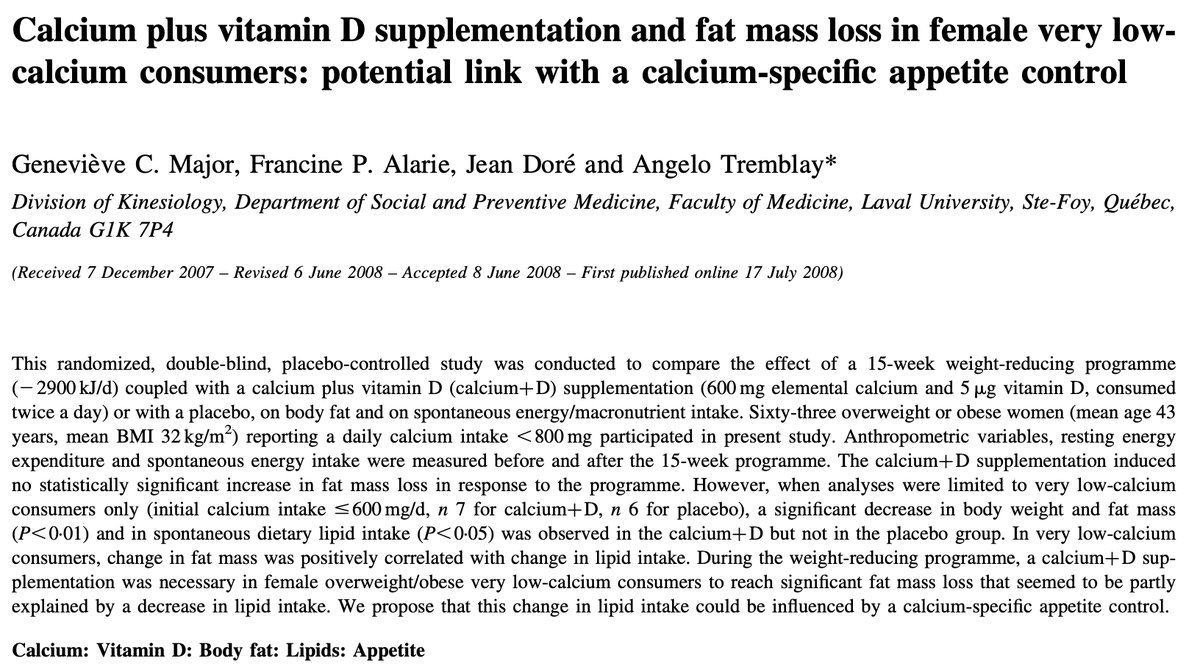 Study showing calcium supplementation suppresses appetite increases
