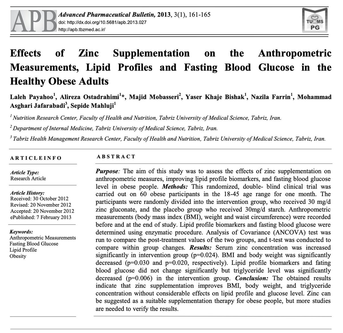 Study showing zinc supplementation induces fat loss and lowers triglycerides