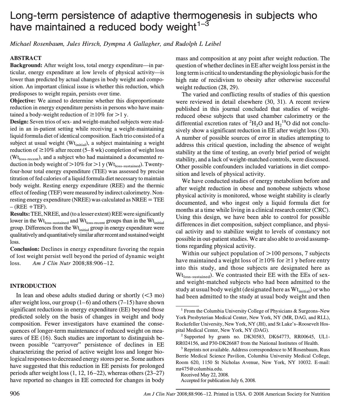Study showing reduced physical activity and metabolic slowdown after calorie restriction