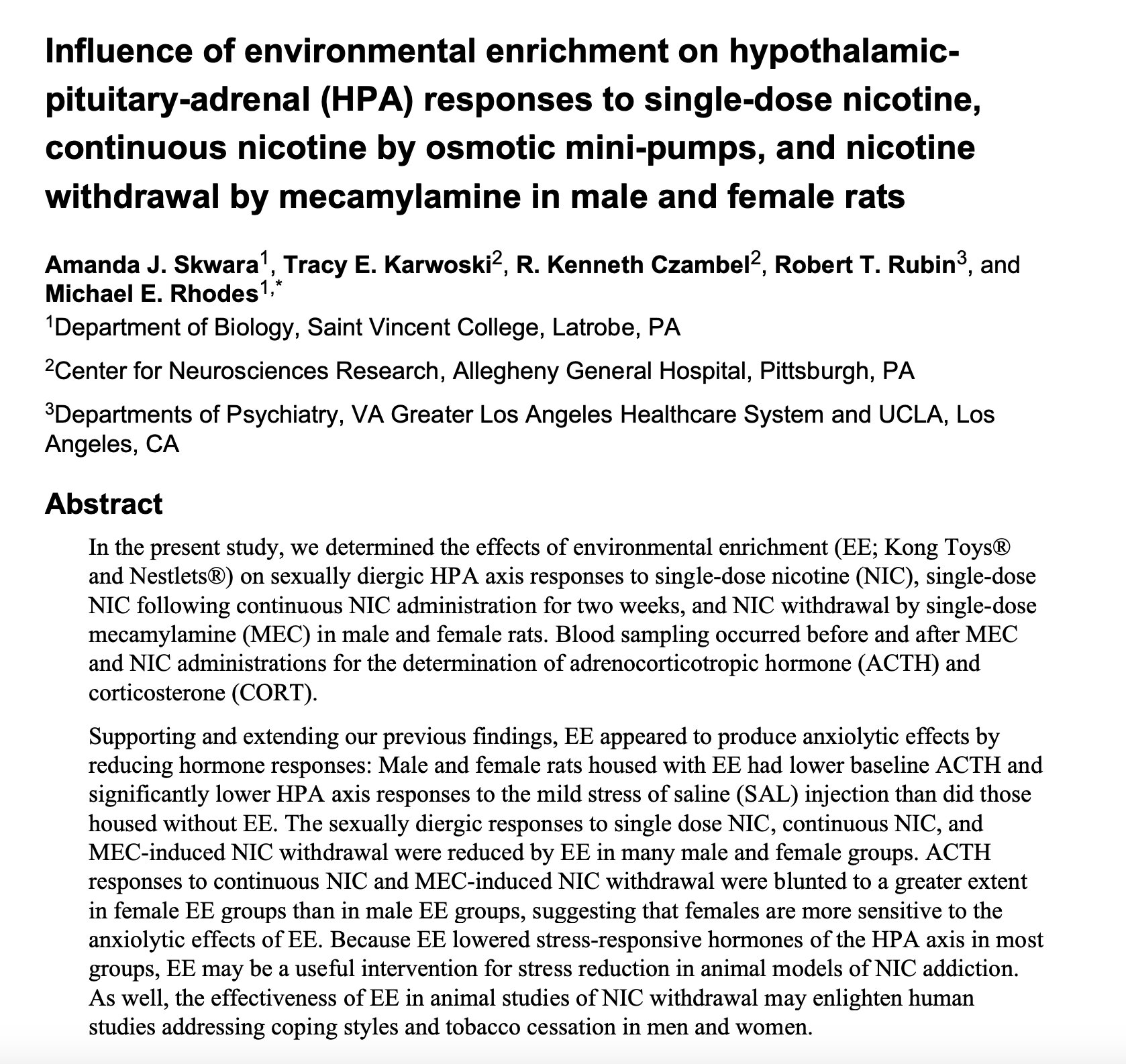 Enriched environment lowering stress hormones in animals
