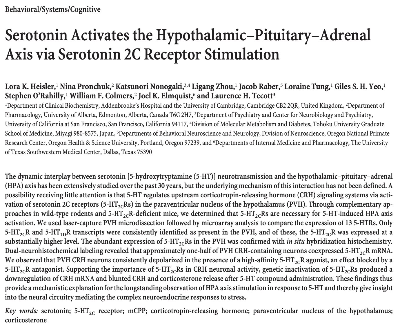 Serotonin activating the hypothalamus, pituitary and adrenals
