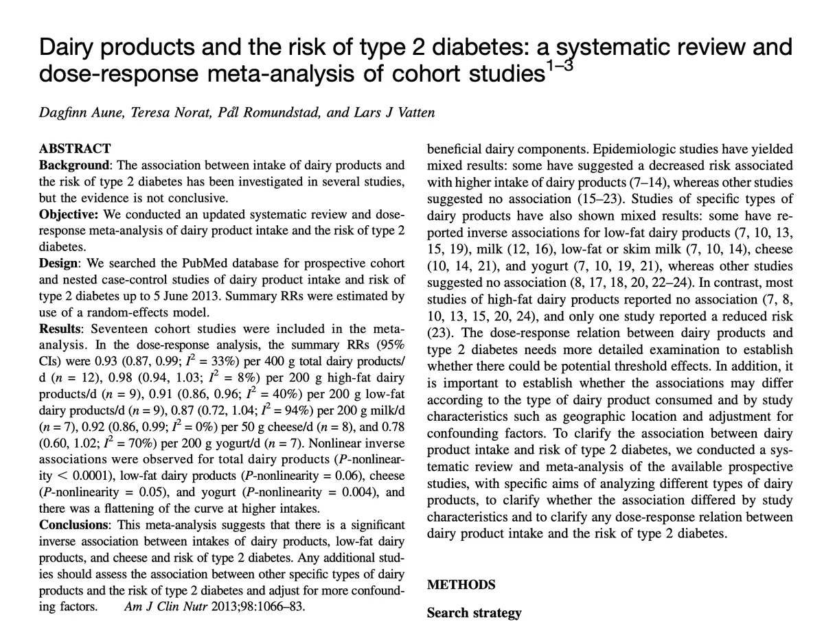 2013 meta-analysis data showing protective effect of ice cream on diabetes risk