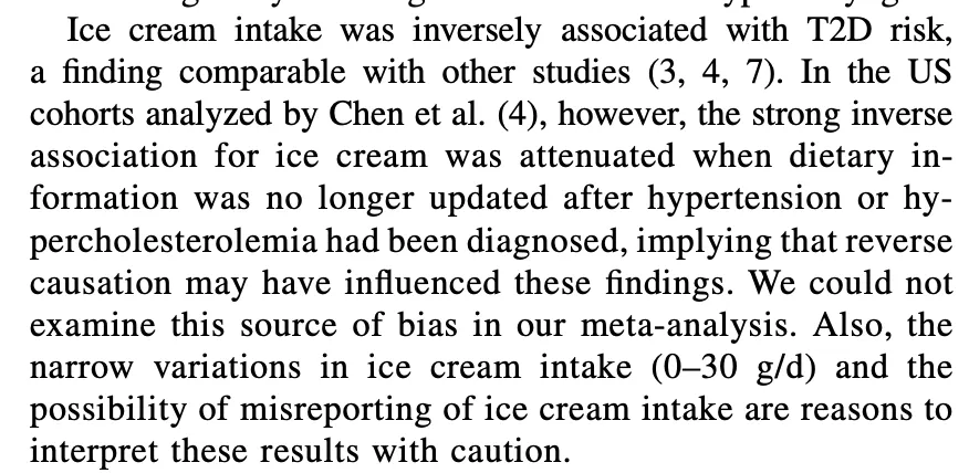 2016 study data on ice cream and diabetes risk with researchers' dismissal of association