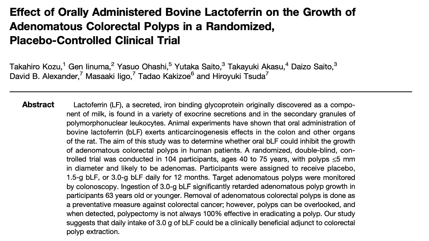 Study data showing lactoferrin at 3g per day slowing colon tumor growth in humans