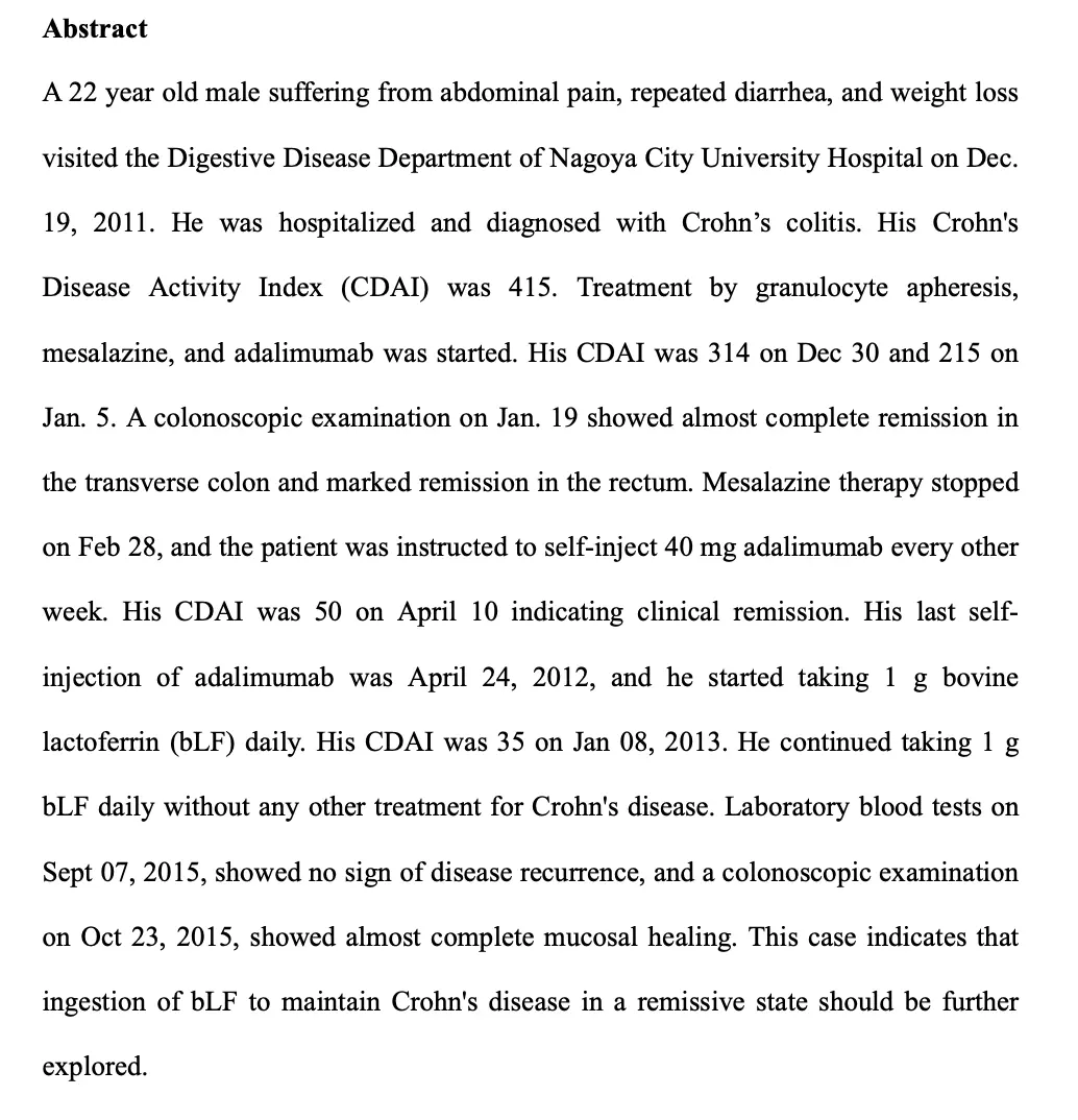 Case report of a Crohn's disease patient in sustained remission on 1g per day of bovine lactoferrin