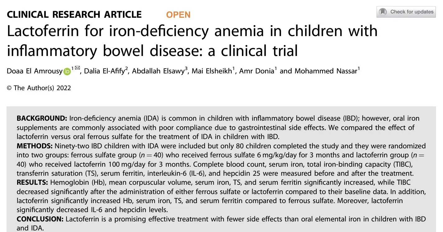 Study showing 100mg per day of oral lactoferrin lowering IL-6 and hepcidin in Crohn's patients