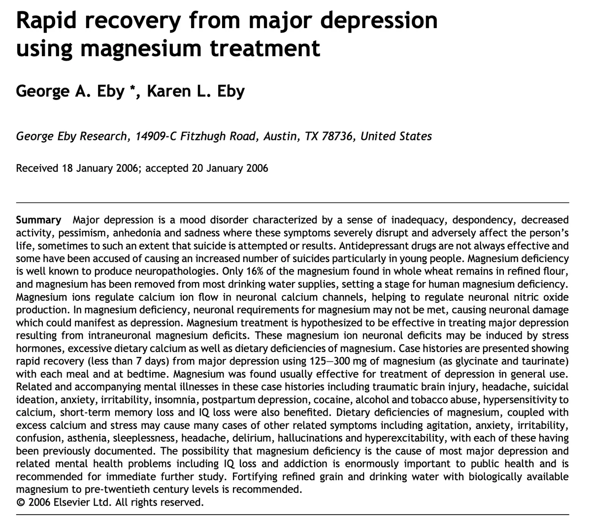 Case series data showing magnesium glycinate reversing major depression within one week