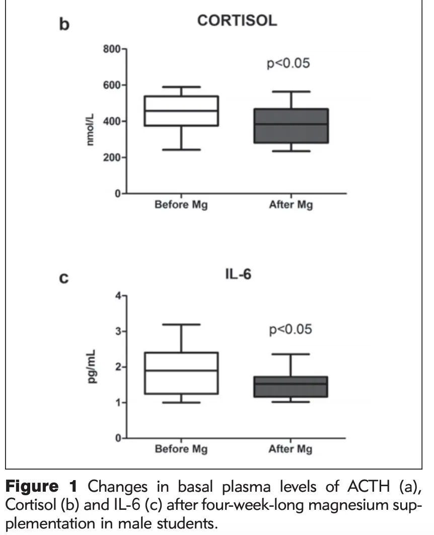 Research showing 500mg magnesium citrate lowering cortisol and IL-6 inflammation markers