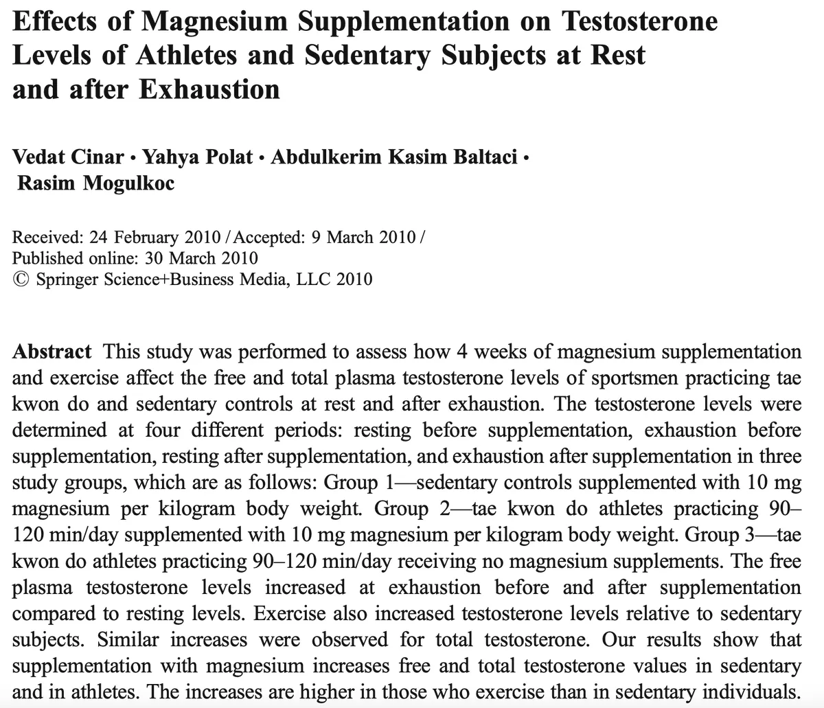 Research paper showing magnesium supplementation increasing testosterone levels
