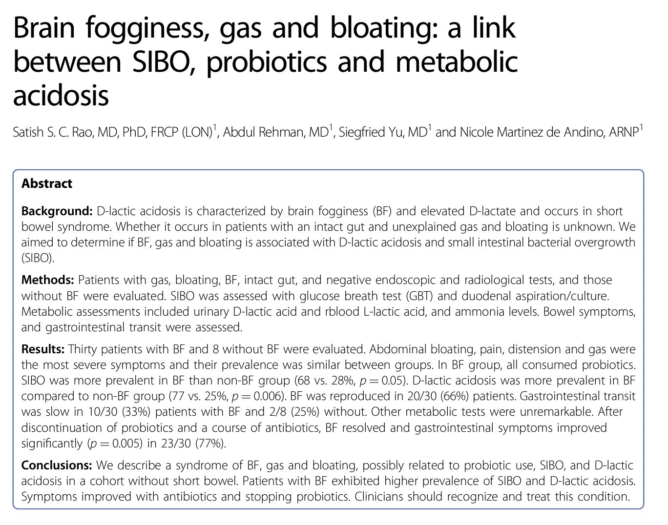 Study showing antibiotic reversal of D-lactic acid bacterial overgrowth in fatigue patients